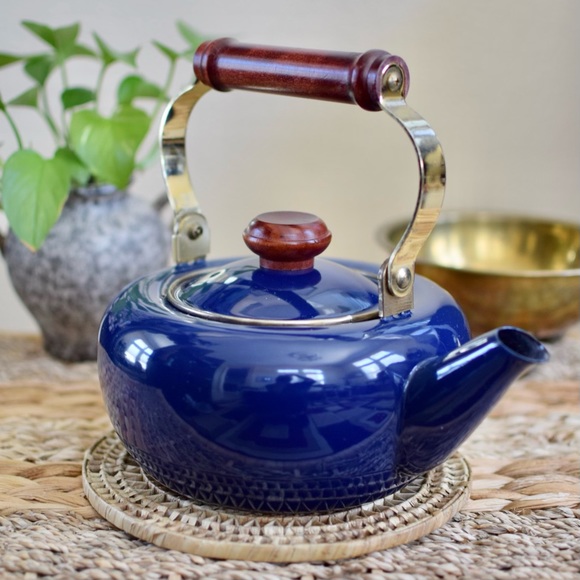 Kitchen Vintage Blue Enamel Tea Kettle Wooden Handle Made In Japan